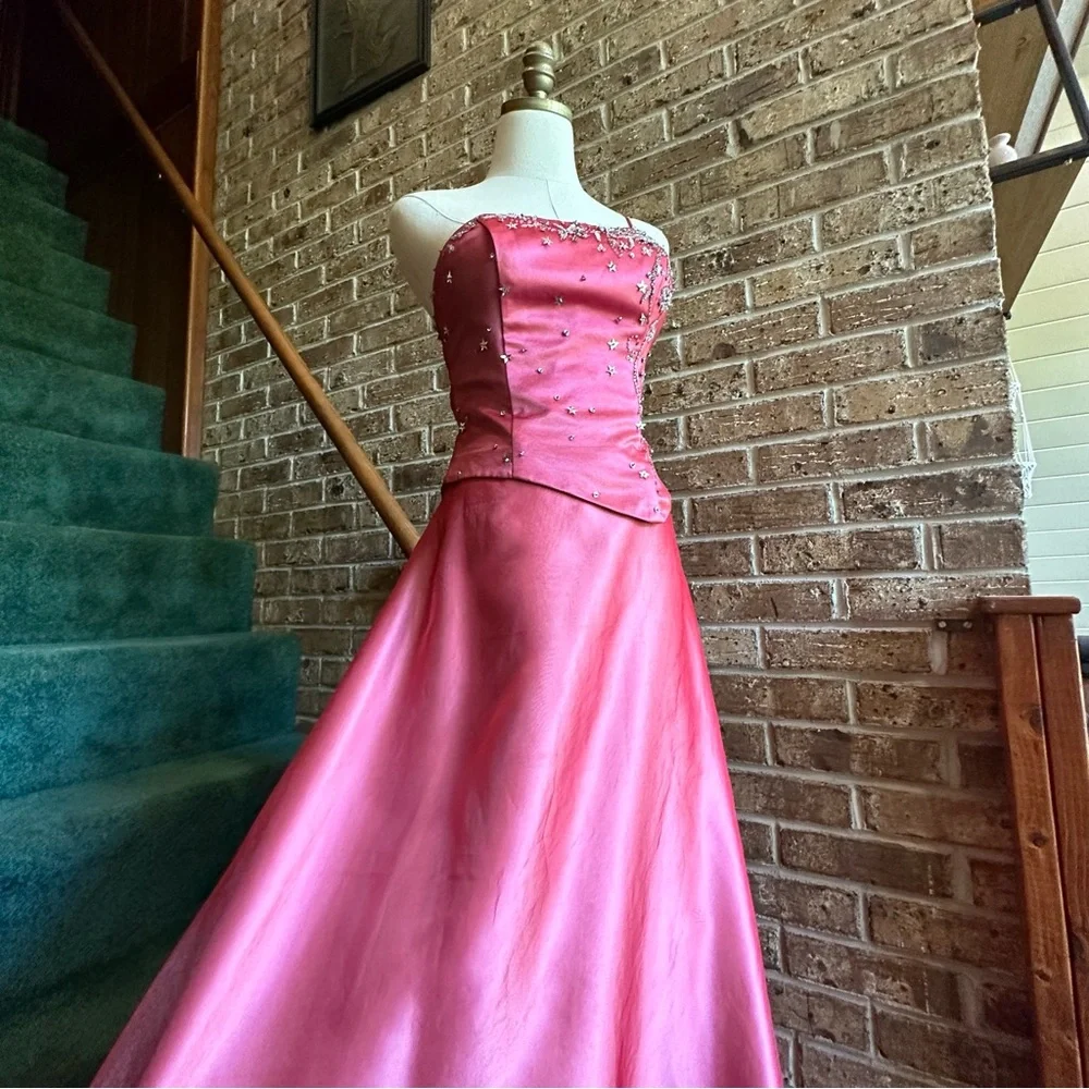 Dresses | Vtg Y2k 200s Satin Pink Shimmery Metallic Mesh Beaded Sequin Star Gown  Dress